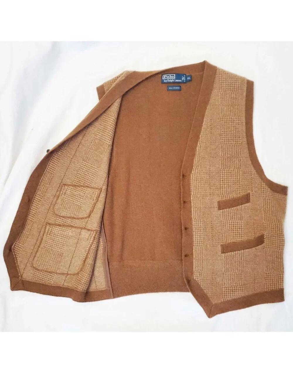 VTG Polo Ralph Lauren Men's Brown Knit Waistcoat Vest Glen Plaid 100% Cashmere